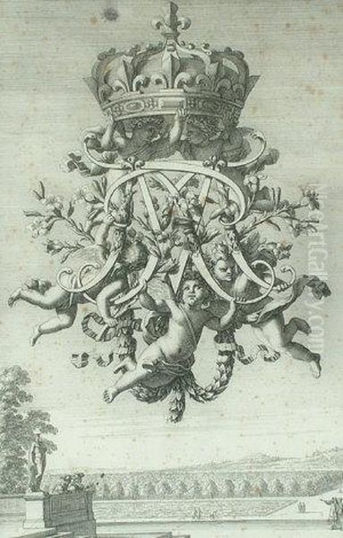 Cherubs Holding Aloft A Crown With A Cipher, Above Aclassical Landscape And Figures Oil Painting by Pierre Jean Mariette