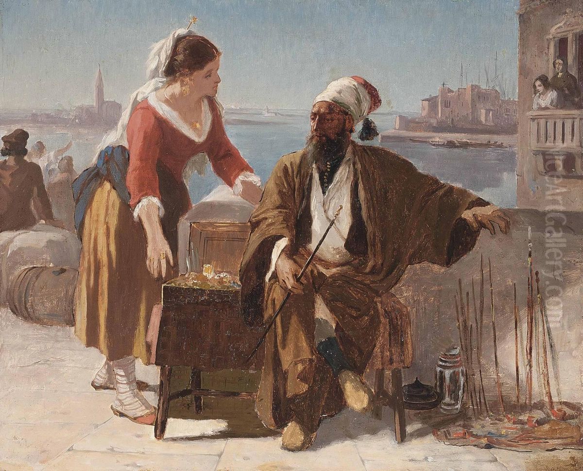 A Turkish Pipe Seller On A Venetian Quayside Oil Painting by Prosper-Georges-Antoine Marilhat