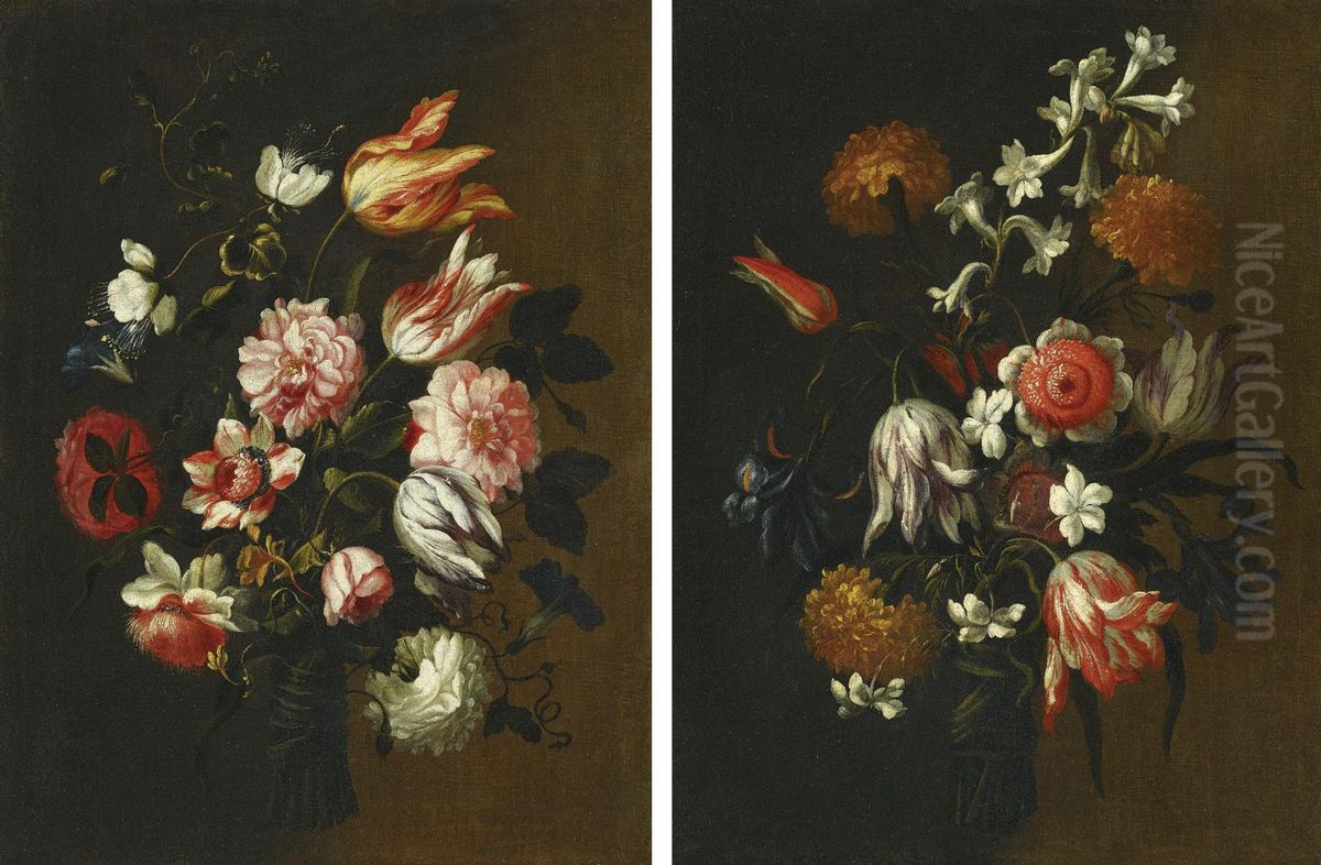 Two Still Lifes With Tulips, Roses And Other Flowers Tied In Bunches Oil Painting by Mario Nuzzi Mario Dei Fiori