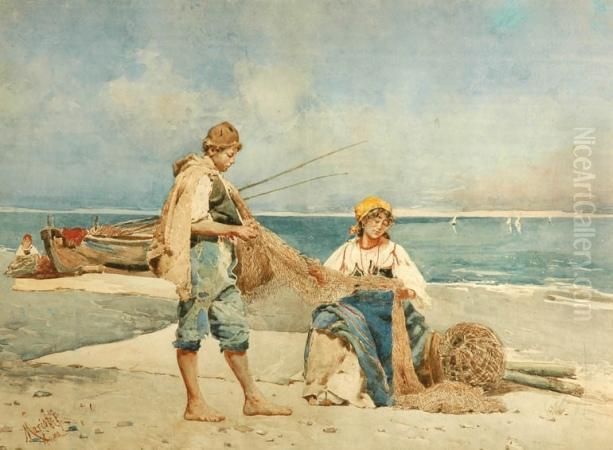 The Net Menders Oil Painting by Leopoldo Mariotti