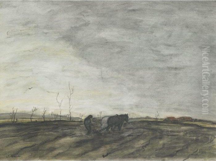 Farmer And Team Ploughing The Field Oil Painting by Jacob Henricus Maris
