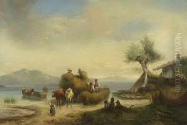 Bauern Mit Heubooten Am Seeufer. Oil Painting by Joseph Heinrich L. Marr