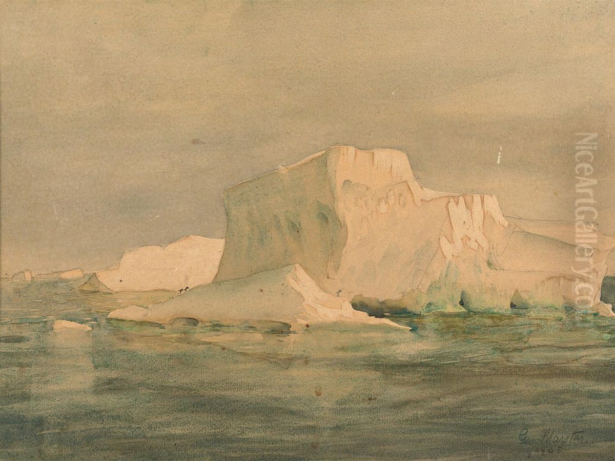 An Iceberg With Adelie Penguins (british Antarctic Expedition, 1907) Oil Painting by George Marston