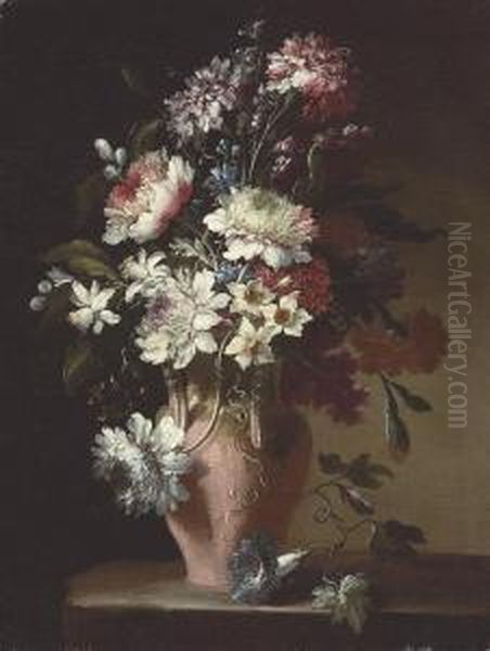 Daffodils, Carnations, Peonies, And Other Flowers In A Terracottaurn, On A Stone Ledge Oil Painting by Jean-Baptiste Martin