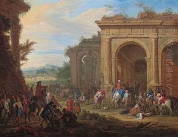 Soldiers Dividing The Spoils Of War By Classical Ruins Oil Painting by Jean-Baptiste Martin