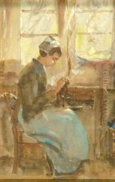 A Pair - Interior Scenes With Women Sewing Oil Painting by Ethel H. Martin