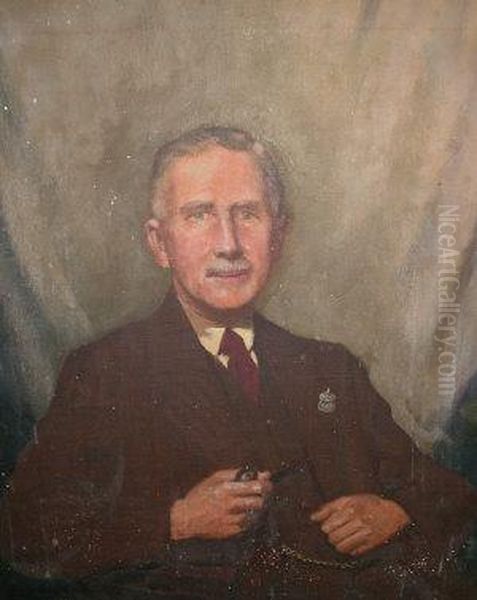 Early 20th Century- Portrait Of A Gentleman, Seated Holding A Pipe And Wearing An ''arp'' Badge Oil Painting by Paul Martin