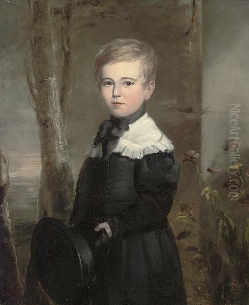 Portrait Of A Young Boy, Three-quarter-length, In School Uniform, Holding A Black Hat In His Left Hand, In A Landscape Oil Painting by John James Masquerier
