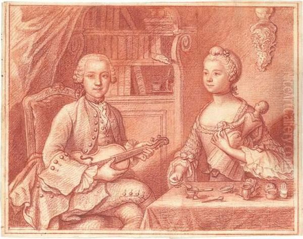 Lot Comprenant : Un Portrait De Femme Dessinant, Un Portrait De Femme Au Nid, Un Portrait D'homme A La Cornemuse Et Un Dessin Comprenant Un Violoniste Et Une Jeune Fille A La Poupee. Oil Painting by Jean Baptiste Masse