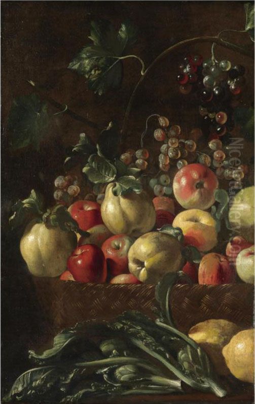 A Still Life With Apples, Pears And Grapes In A Wicker Basket, Together With Artichokes And Lemons Oil Painting by Master Of The Acquavella Still Life