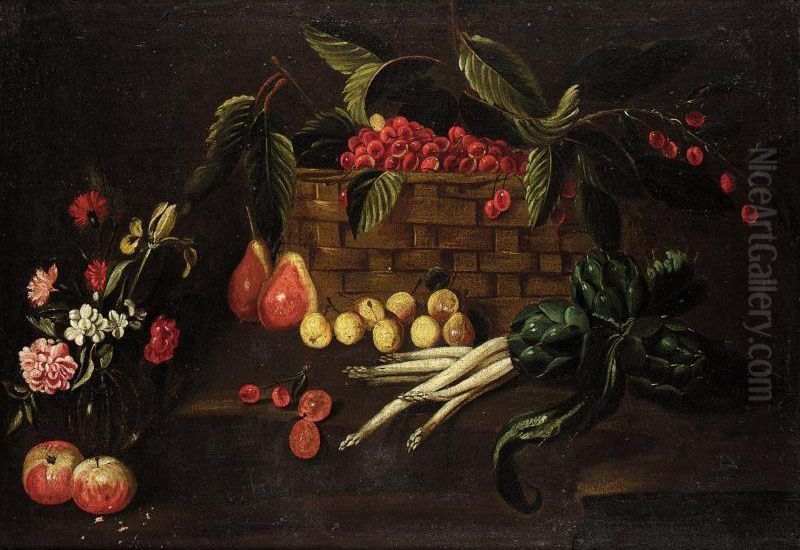 A Still Life With Cherries In A Basket, Together With Various Fruit And Vegetables, Flowers In A Glass Vase, All Upon A Stone Ledge Oil Painting by Master Of The Acquavella Still Life