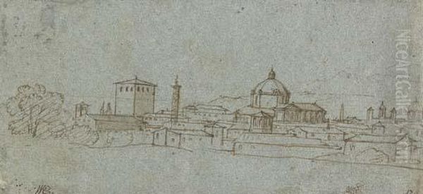 An Imaginary View Of Rome With The Gesu And Trajan's Column Oil Painting by Master Of The Blue Landscapes