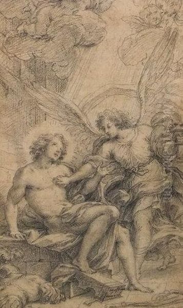 Male Figure With An Angel And Celestial Putti Oil Painting by Agostino Masucco Masucci