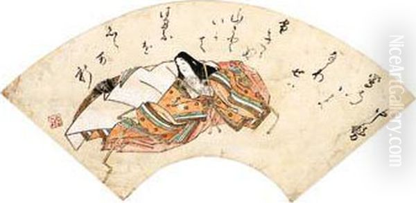 The Heian-period Poet Nakatsukasa Oil Painting by Iwasa Matabei