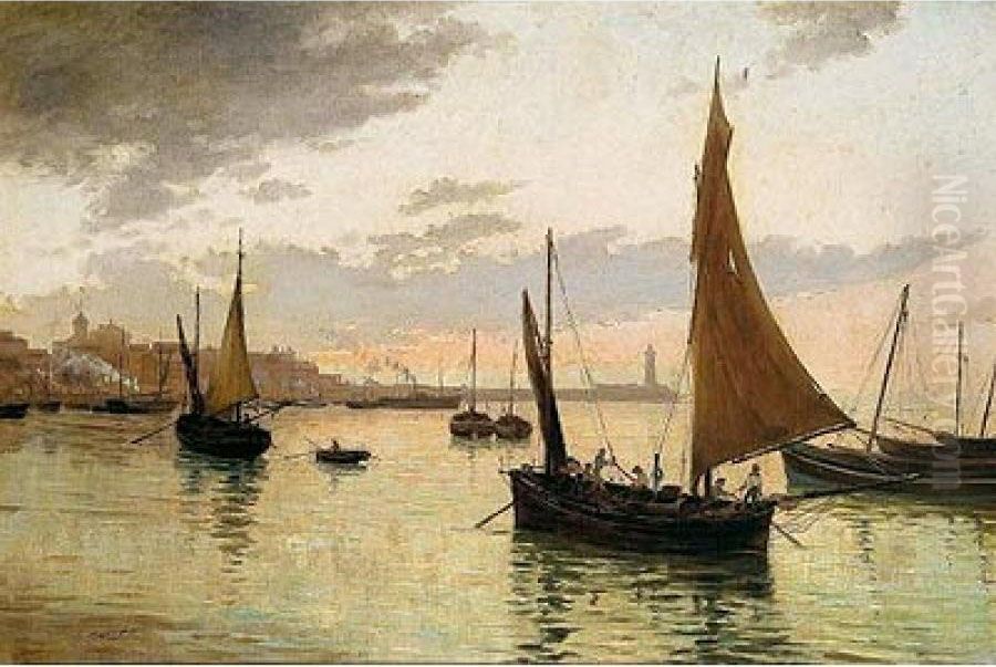 Atardecer Sobre El Puerto De Barcelona Oil Painting by Segundo Matilla