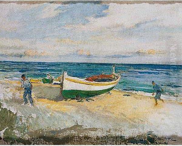 Barcas En La Arena De La Playa Oil Painting by Segundo Matilla