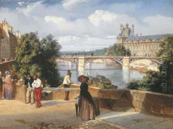 Elegant Figures By The Pont-des-arts, Paris, With The Palais Du Louvre Beyond Oil Painting by Louis Nicolas Matout