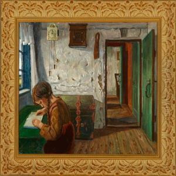 Interior With A Reading Girl Oil Painting by Valdemar Erhardt J. Mau