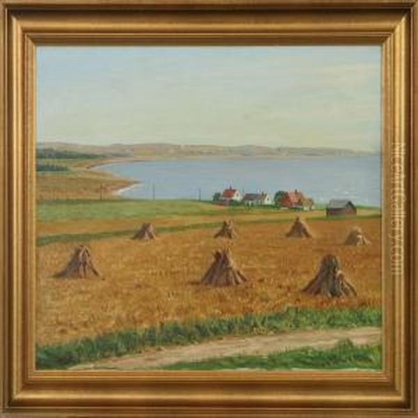 Harvest Landscape By A Bay Oil Painting by Valdemar Erhardt J. Mau