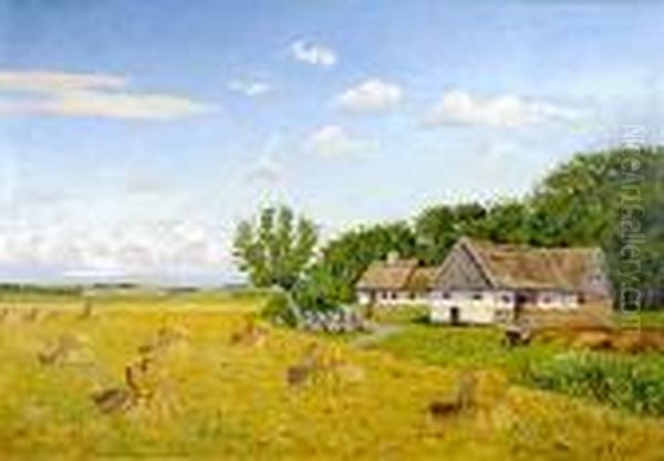 Landscape With Haystacks Oil Painting by Valdemar Erhardt J. Mau