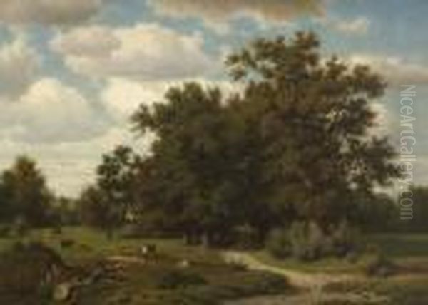 Baumlandschaft Mit Kuhen Auf Der Weide. Oil Painting by Jacob Maurer