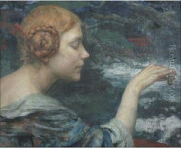 Jeune Fille Rousse Nourrissant Des Cygnes Oil Painting by Edgard Maxence