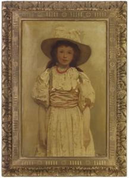 Portrait Of A Girl, Three-quarter-length, In A Yellow Dress, Yellowhat And Red Necklace Oil Painting by Arthur Dampier May