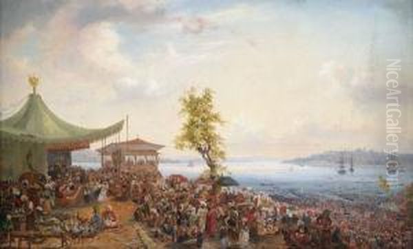 Festliches Treiben Am Ufer Des Bosporus Oil Painting by Auguste Etienne Francois Mayer