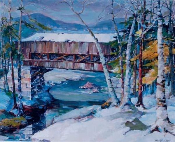 Vermont Winter Landscape With Wooden Covered Bridge Oil Painting by Peter Bela Mayer