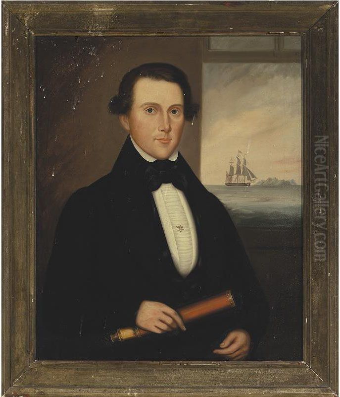 Portrait Of Captain Platt Out Of Portsmouth, With A Clipper Ship In The Distance Oil Painting by Frederick Mayhew