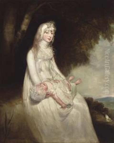 Portrait Of A Mother And Child, Full-length, In A White Lace Dress Oil Painting by Thomas Maynard