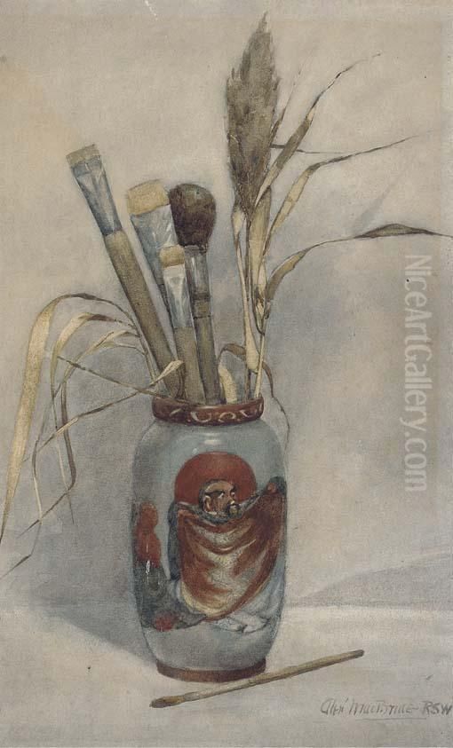 Still Life With Paint Brushes In A Japanese Vase Oil Painting by Alexander Mcbride