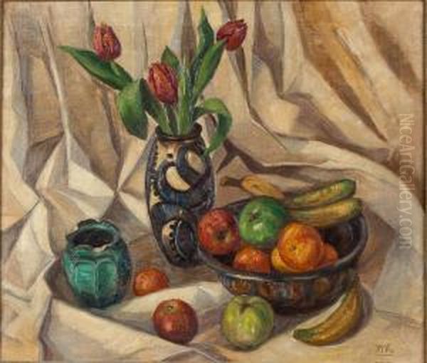 Modernist Still Life With Flowers And Pottery Oil Painting by Henry Lee Mcfee