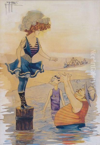 Two Men Set To Help Bathing Beauty Dive Into Water. Oil Painting by George Mcmanus