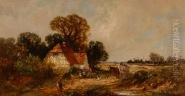Figures And A Horse Drawn Cart By A Timber Framed Rural Cottage Oil Painting by Edwin Longsden Long