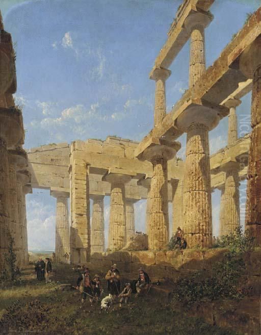 Travelers Resting At The Great Temple At Paestum Oil Painting by Edwin Longsden Long