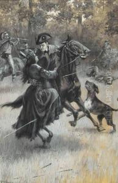 Man On Horseback Rescuing Indian Maiden In The Midst Of Battle. Oil Painting by William E. Mears