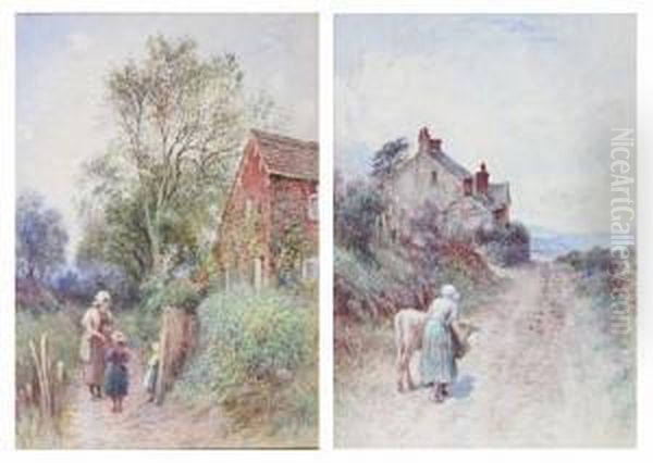 Woman And Children By A Gate; Feeding A Calf Oil Painting by Henry Measham