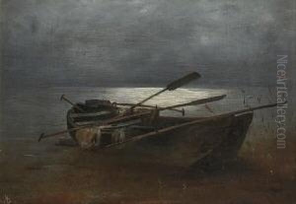 Fischerkahn Am Nachtlichen Seeufer. Oil Painting by Lothar Meggendorfer