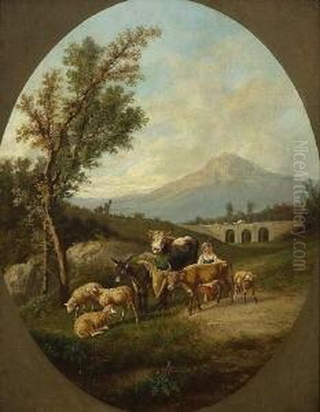 Hirtin Mit Vieh In Sizilianischer Landschaft. Oil Painting by Johann Philipp Meinel