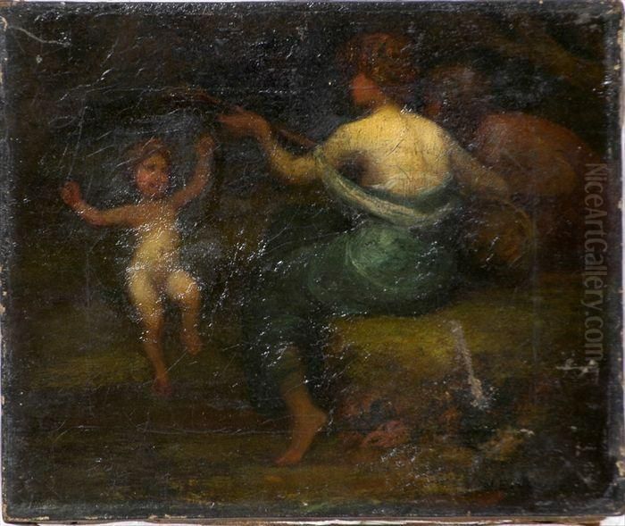 Woman Playing Lute And Dancing Child Oil Painting by Johann H. Meissners