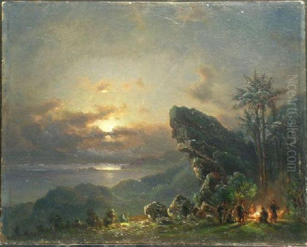 Encampment At Sunset In The Tropics Oil Painting by Fritz Sigfred Georg Melbye