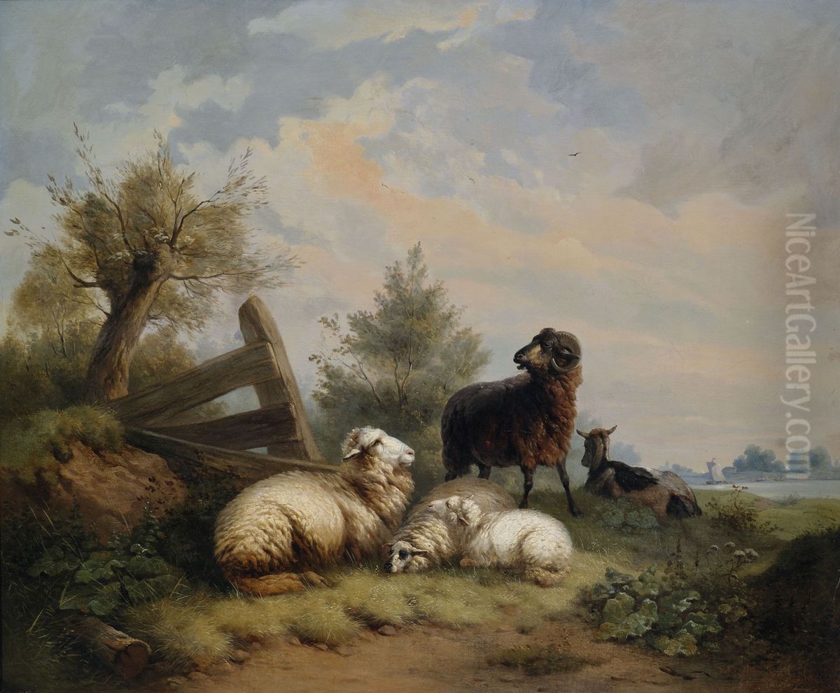 Schafe, Widder Und Ziege Am Gatter Oil Painting by Wilhelm Melchior
