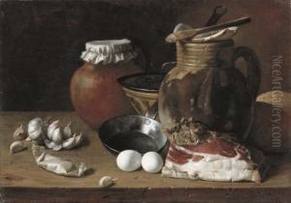 Ham, Eggs, Cloves Of Garlic, Bread, Terracotta Pots And A Frying Pan On A Wooden Ledge Oil Painting by Luis Eugenio Melendez