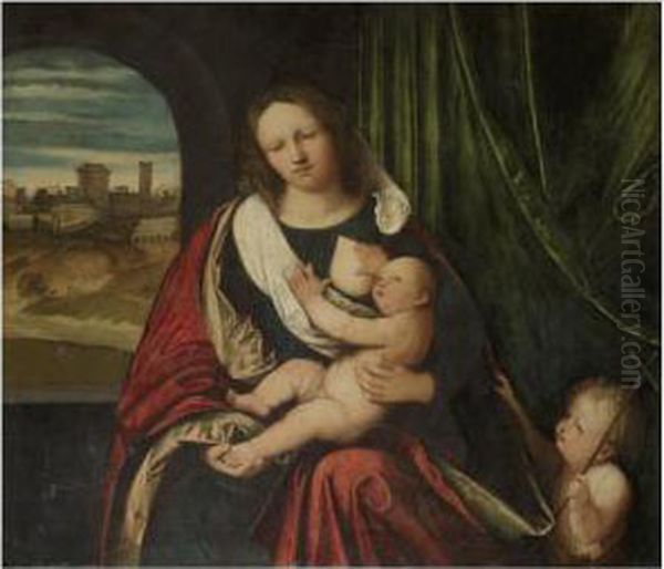 The Madonna And Child With The Infant Saint John The Baptist, A Town Seen Through An Arch To The Left Oil Painting by Altobello Meloni