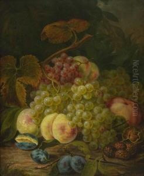 Stillleben Mit Weintrauben, Pflaumen,pfirsichen, Walnussen Und Brombeeren. Oil Painting by Franz Mendel