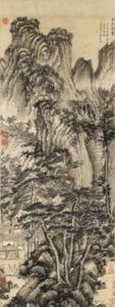 Gathering In Forest By A Flowing Stream Oil Painting by Wang Meng