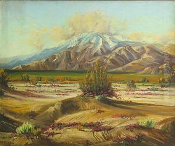 Desert In Bloom With Mountains In The Distance Oil Painting by James Arthur Merriam