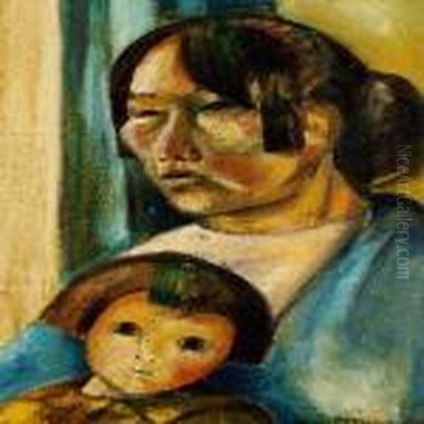Mother And Child Oil Painting by Knut Merrild