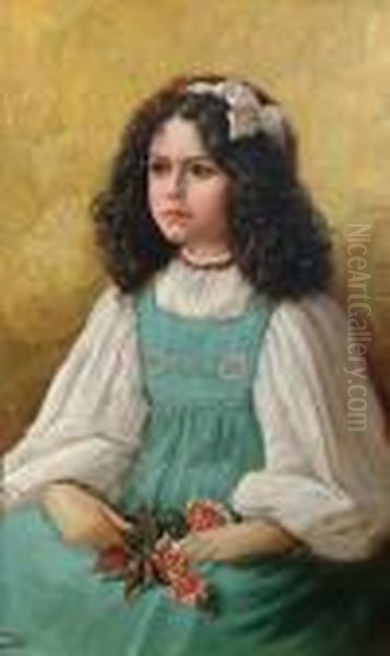 Portrait Of A Young Girl Holding A Posy Of Rosesmonogrammed And Dated 'alm 1907' Oil Painting by Anna Lea Merritt